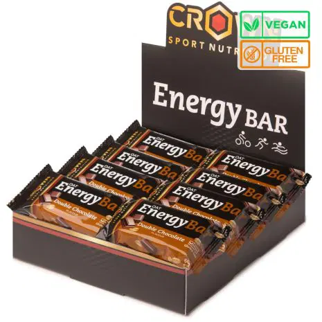 Display of CRO Sport Nutrition energy bars with a focus on double chocolate flavor.